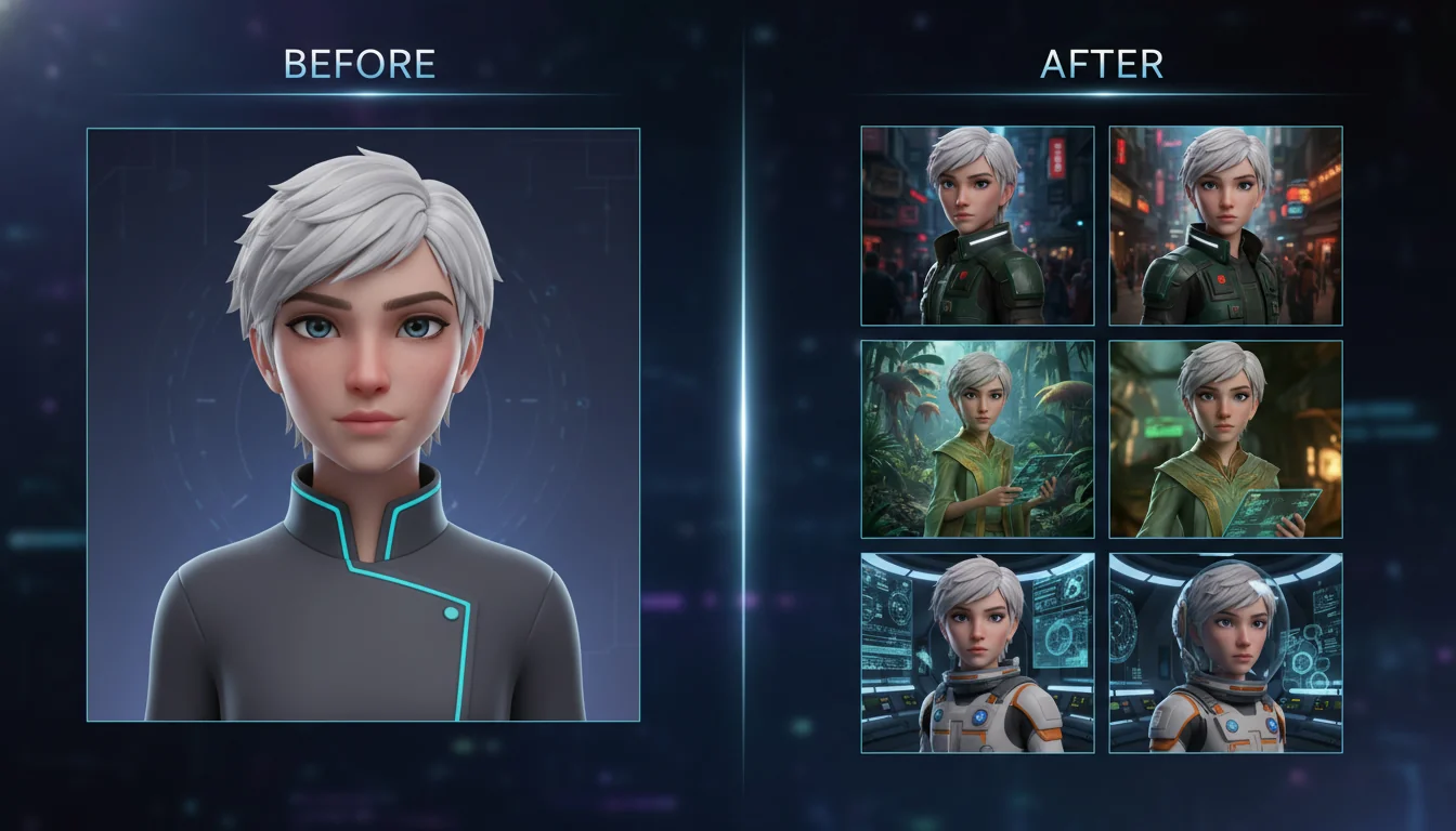 Before and after comparison: single character pose transformed into multiple scenes with consistent appearance