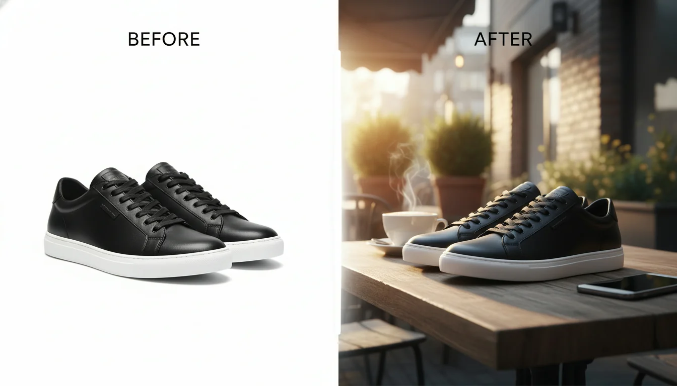 Before and after comparison: product on studio setup transformed to professional lifestyle scene